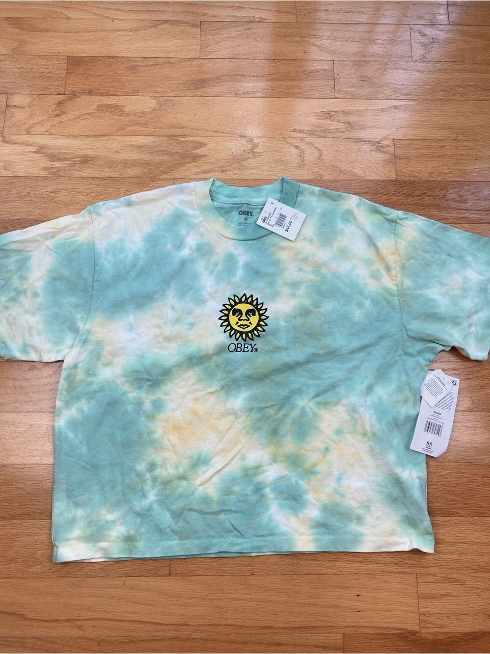OBEY t Shirt Tie Dye Sunshine Cropped Cucumber Soft & Cloudy Size M